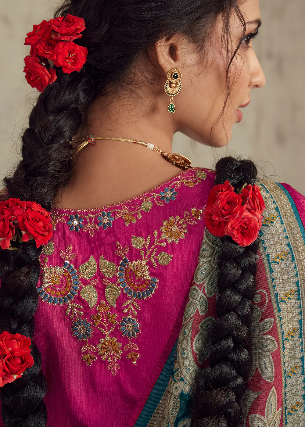 Teal Blue Soft Organza Brasso Embroidered Wedding Festive Saree - Image 2