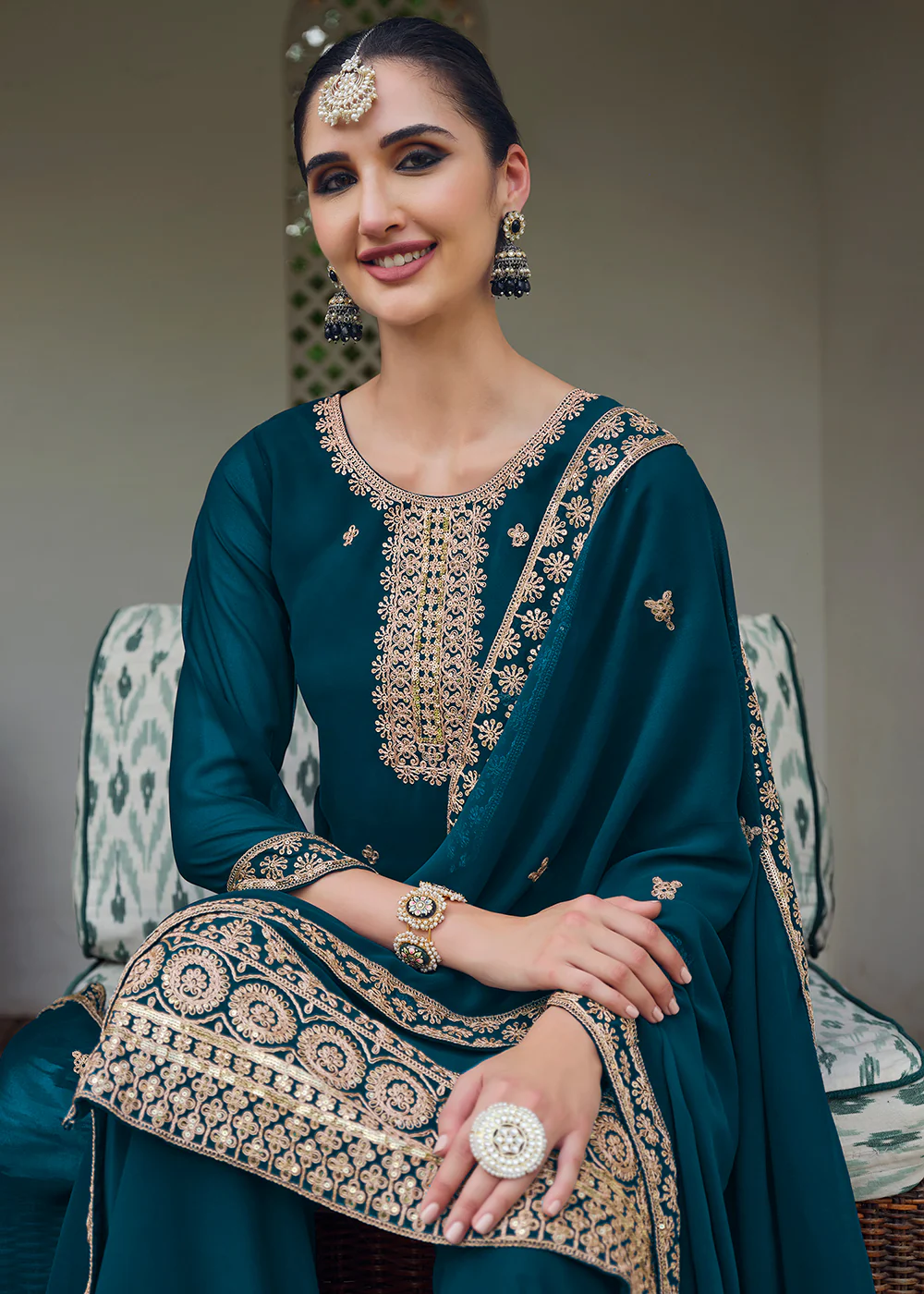 Teal Blue Stone Work Embroidered Festive Palazzo Suit - Image 2