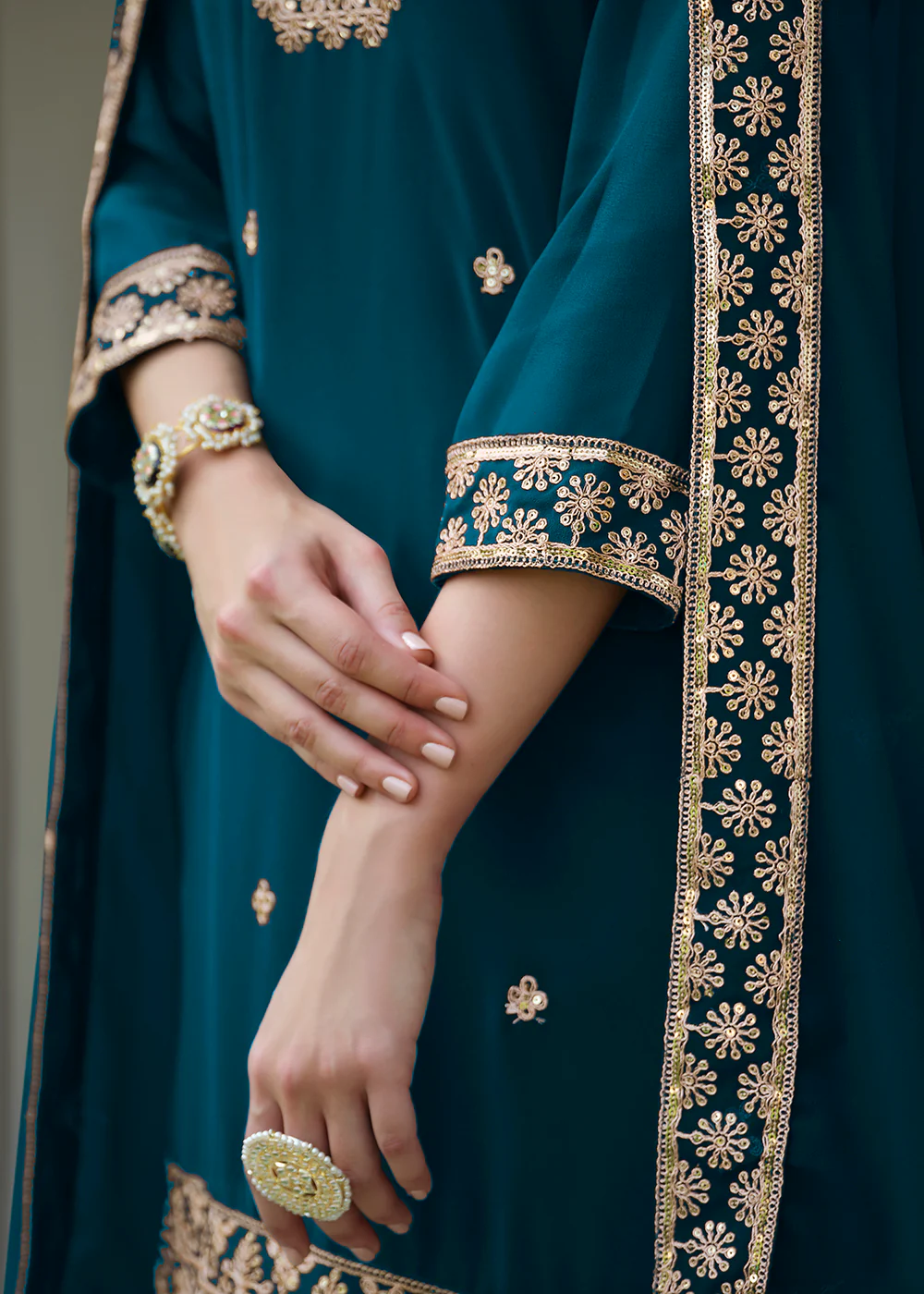 Teal Blue Stone Work Embroidered Festive Palazzo Suit - Image 3