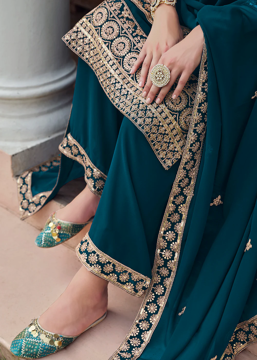 Teal Blue Stone Work Embroidered Festive Palazzo Suit - Image 4