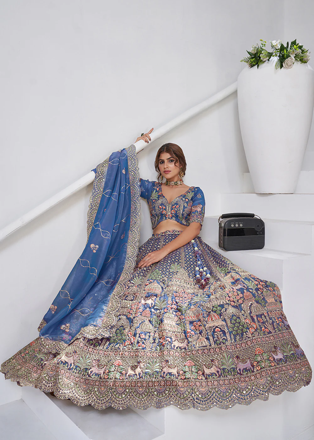 Teal Blue Temple & Cow Motifs Bridal Lehenga Choli - Image 4