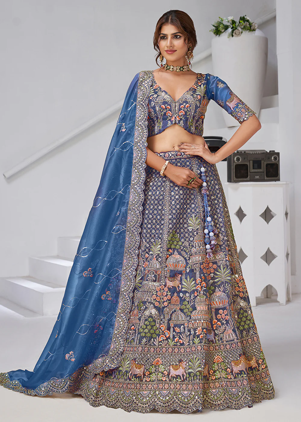 Teal Blue Temple & Cow Motifs Bridal Lehenga Choli - Image 5