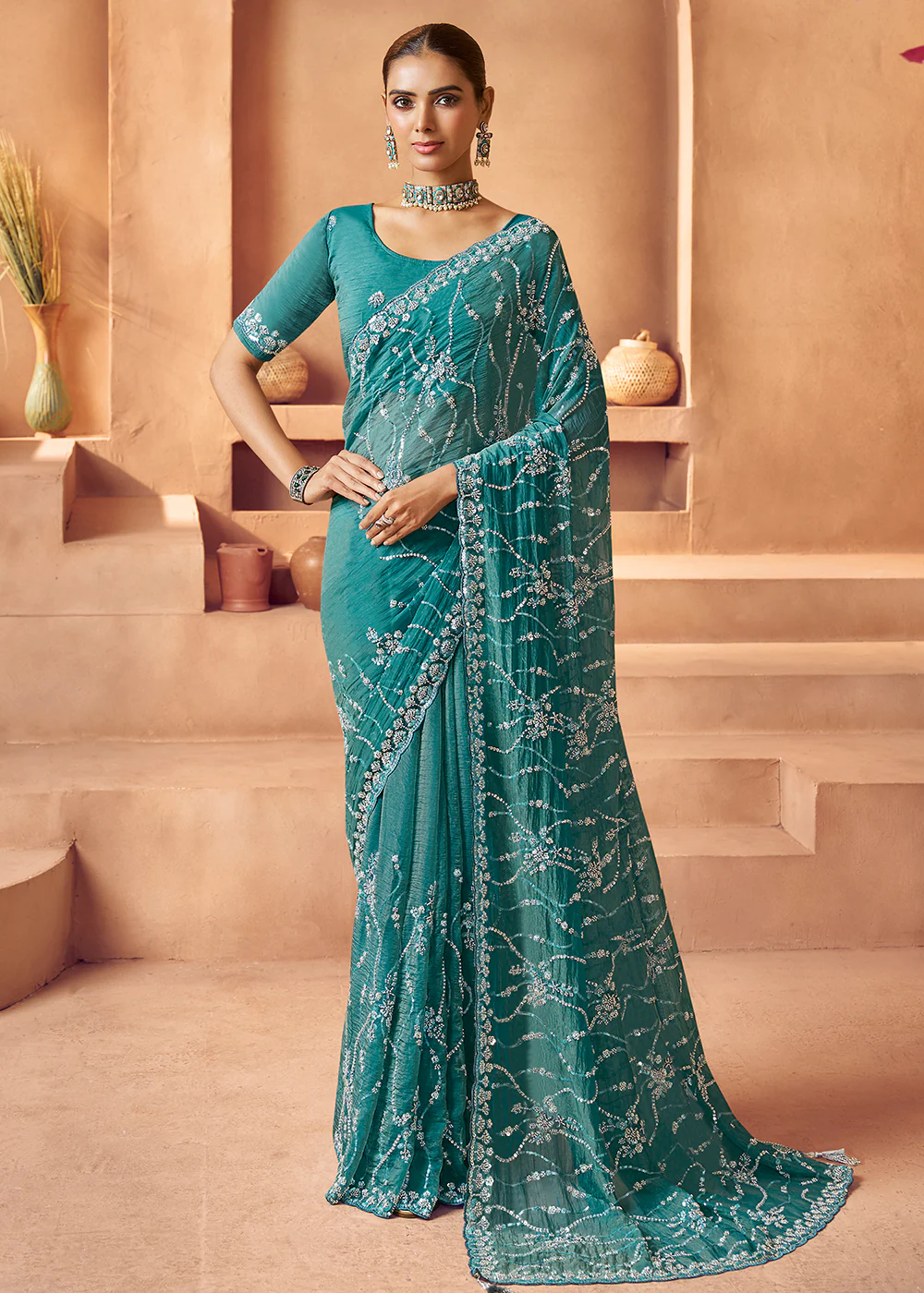 Teal Blue Tissue Silk Heavy Embroidered Designer Saree