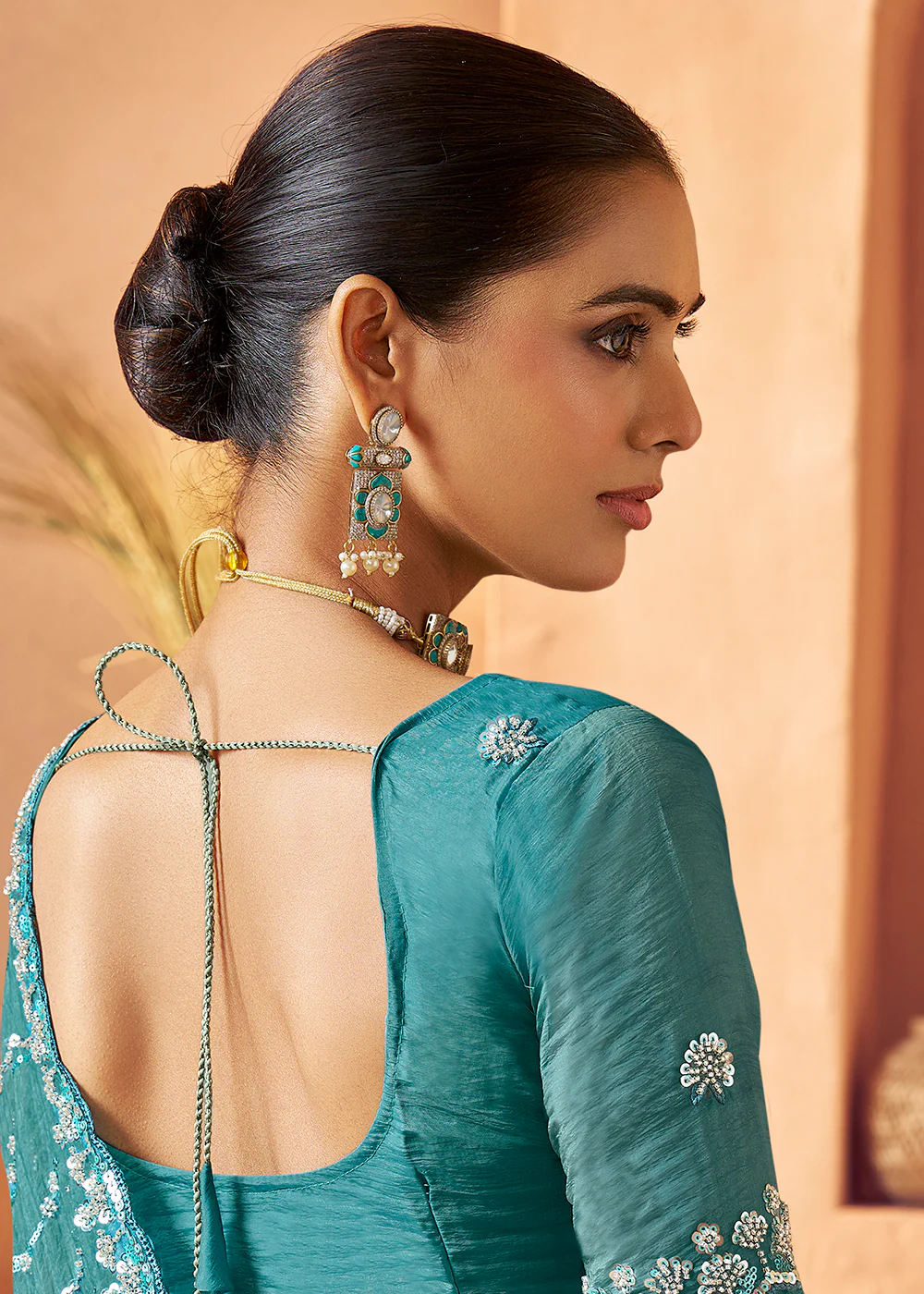 Teal Blue Tissue Silk Heavy Embroidered Designer Saree - Image 3