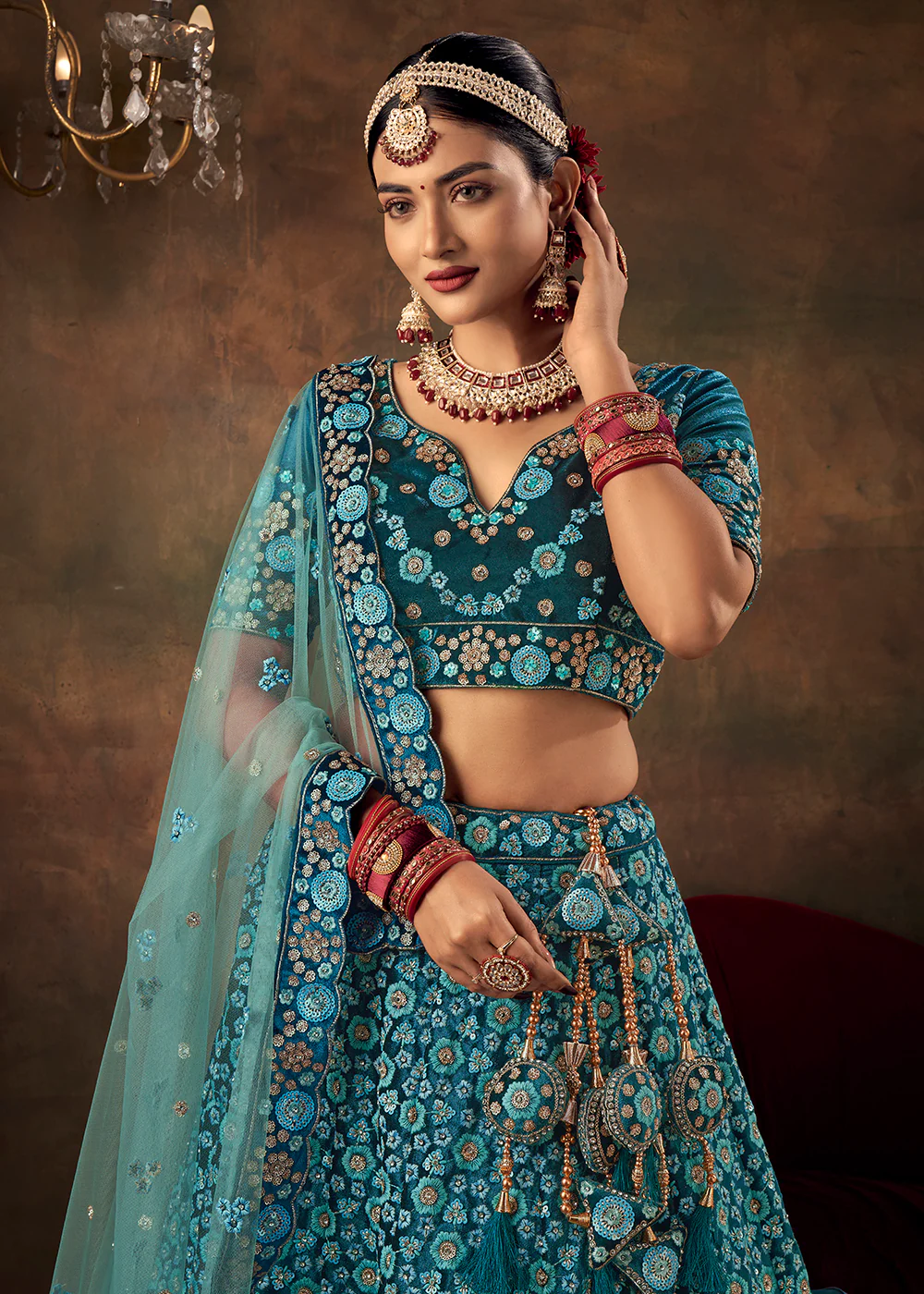 Teal Blue Velvet Floral Embroidered Designer Lehenga Choli - Image 2