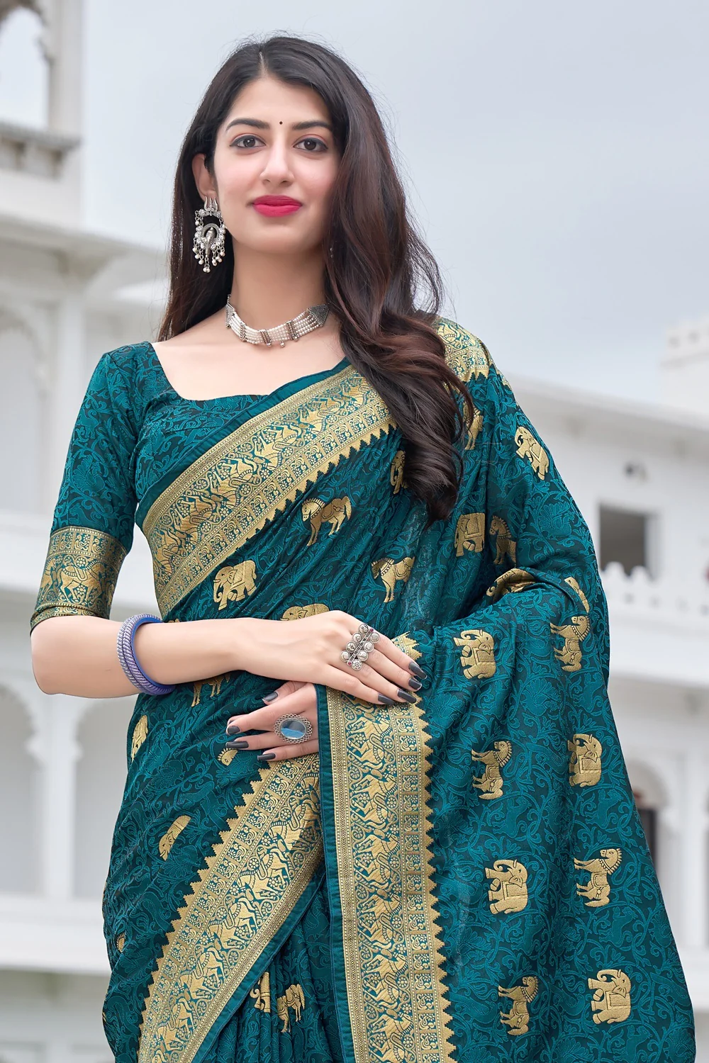 Teal Blue Weaving Silk Printed Traditional Saree - Image 2