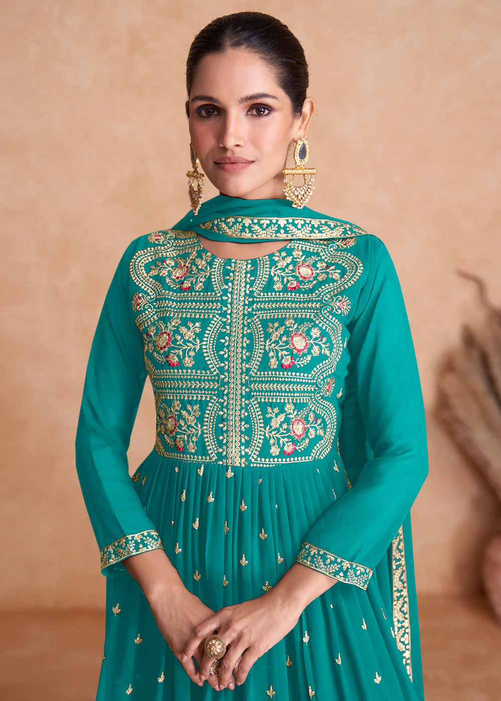 Teal Blue Wedding Embroidered Multicolor Palazzo Suit - Image 2