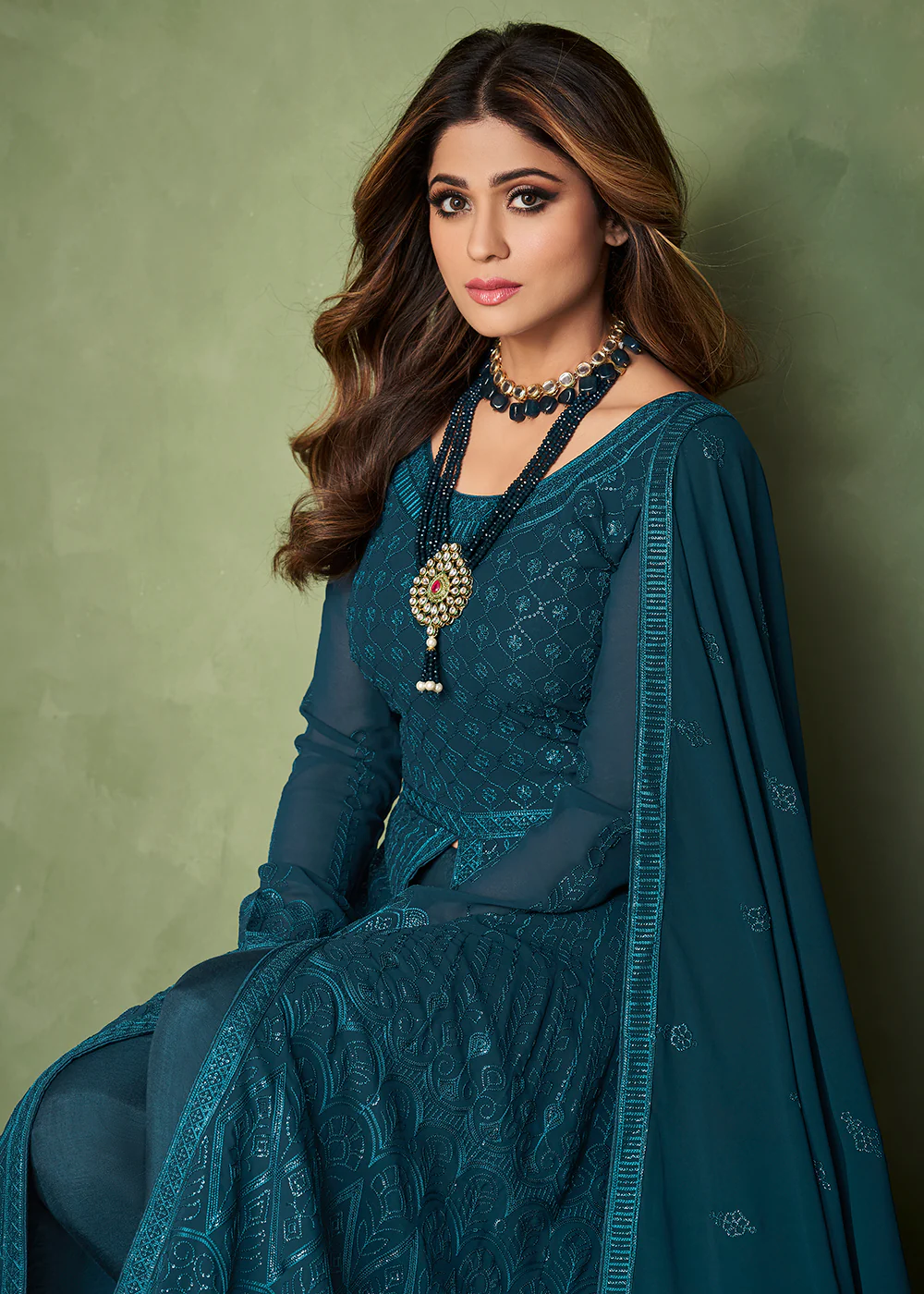 Teal Blue Wedding Party Wear Shamita Shetty Anarkali - Image 2