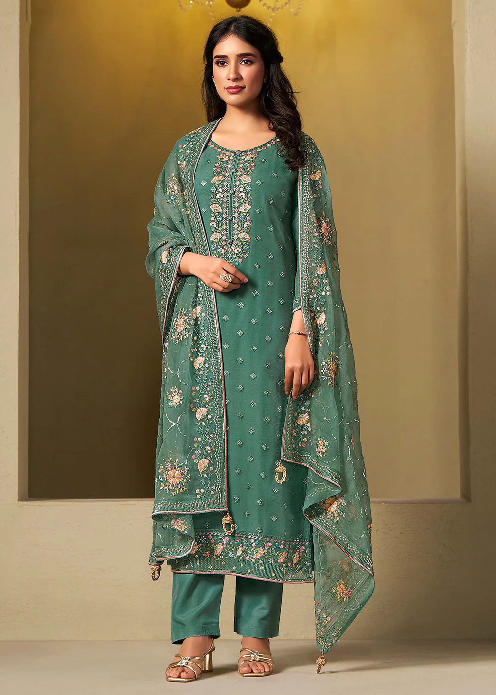 Teal Chiffon Swarovski Embroidered Salwar Suit