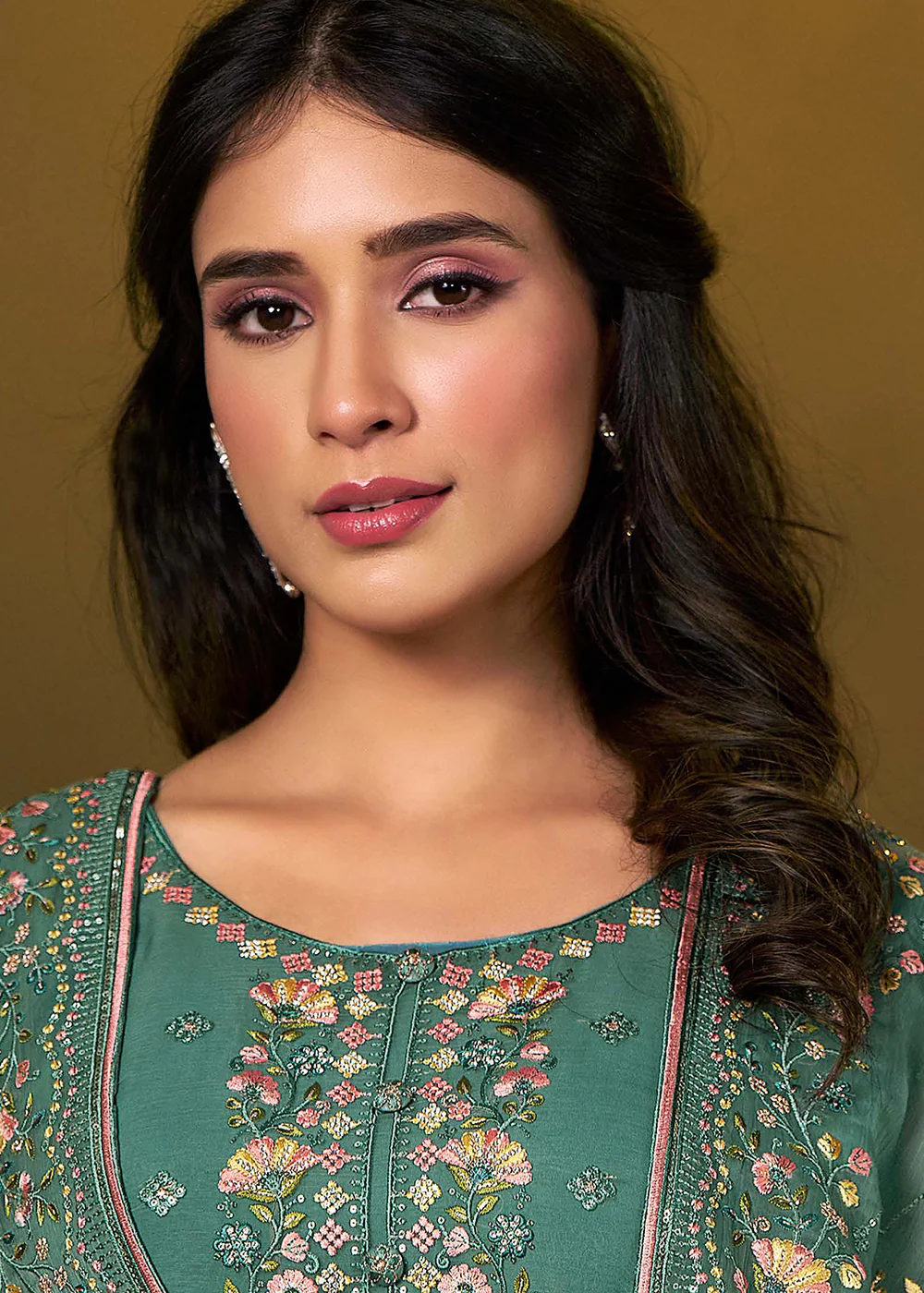 Teal Chiffon Swarovski Embroidered Salwar Suit - Image 3