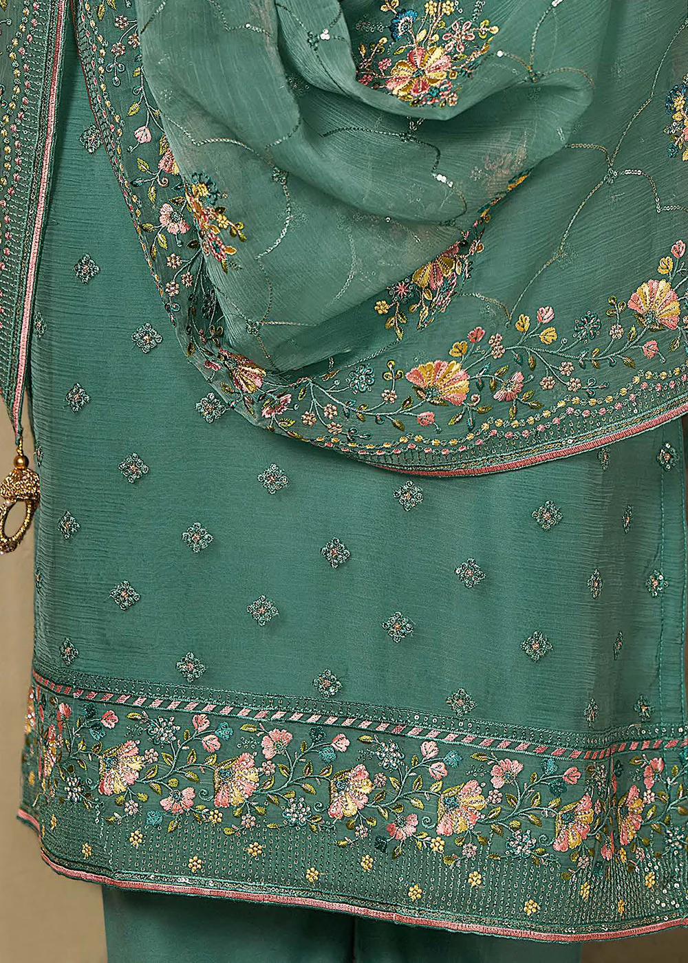 Teal Chiffon Swarovski Embroidered Salwar Suit - Image 4