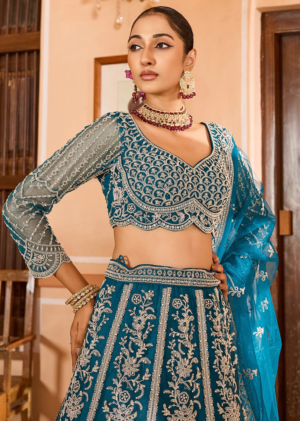 Teal Color with Heavy Embroidery Lehenga Choli - Image 2