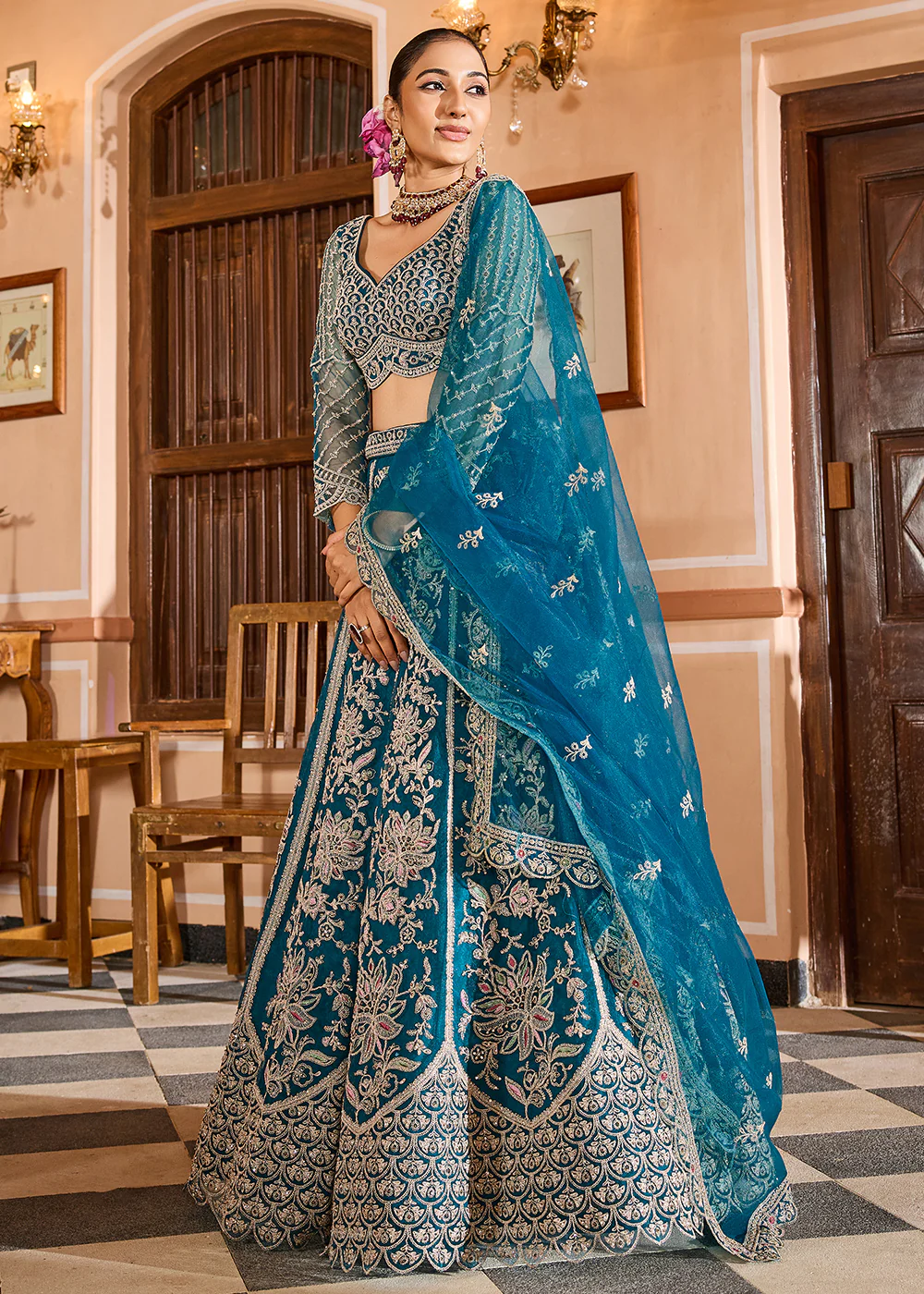 Teal Color with Heavy Embroidery Lehenga Choli - Image 6