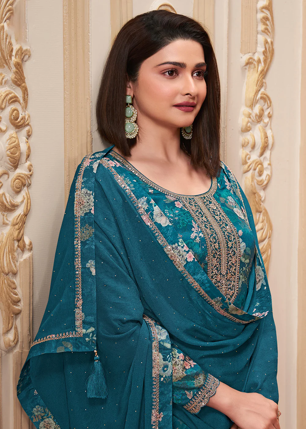 Teal Digital Printed Chinnon Festive Salwar Kameez - Image 2