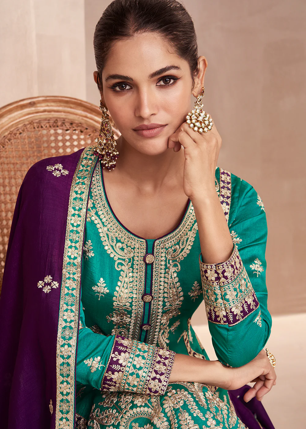 Teal Embroidered Premium Silk Palazzo Suit with Purple Dupatta - Image 2