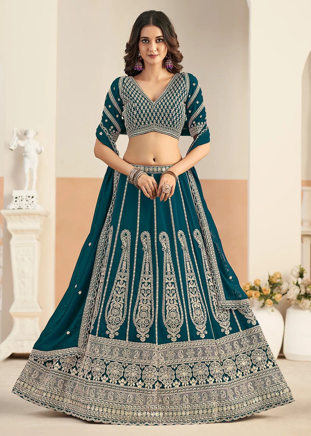 Teal Faux Georgette Embroidery Lehenga Choli