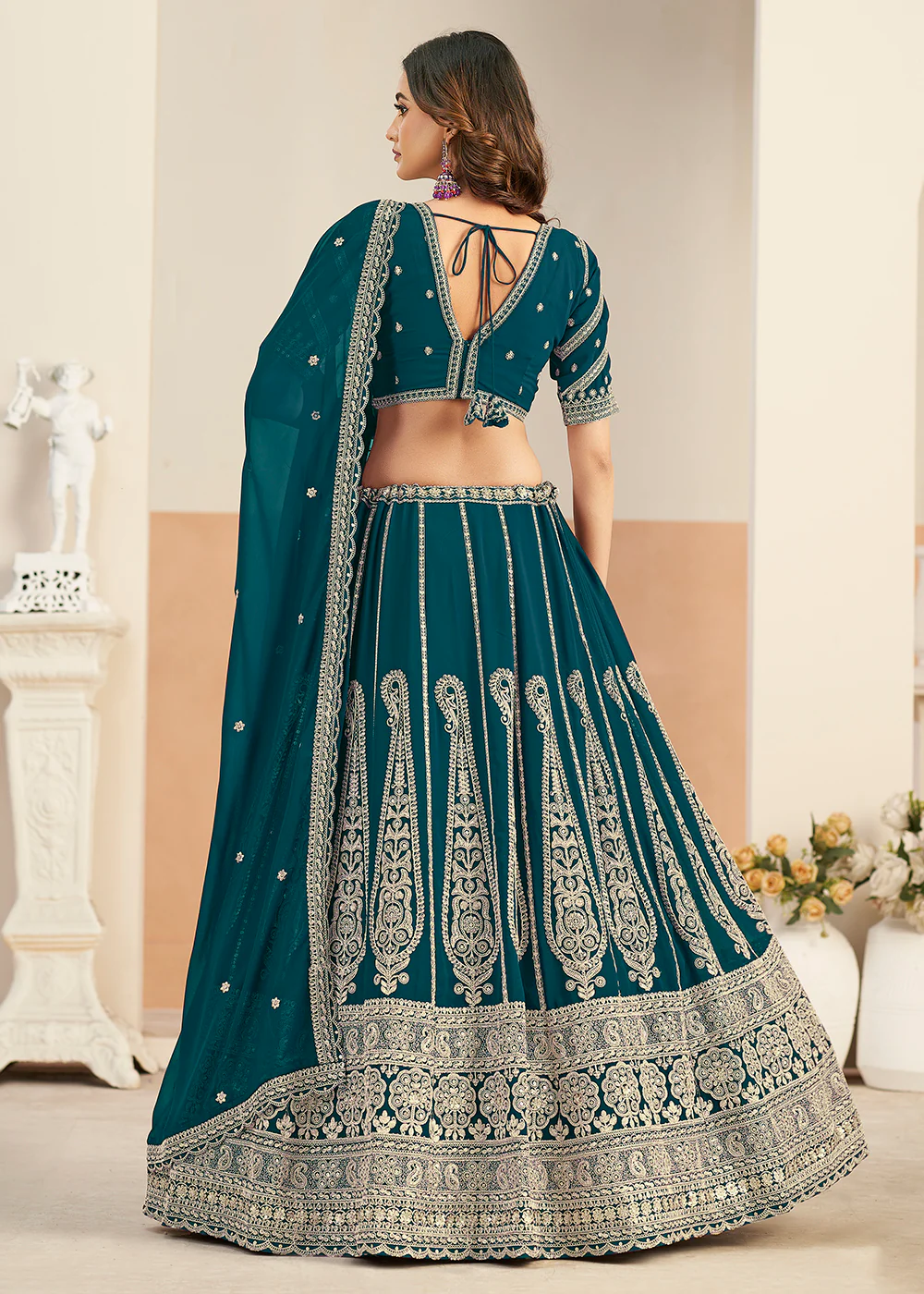 Teal Faux Georgette Embroidery Lehenga Choli - Image 3