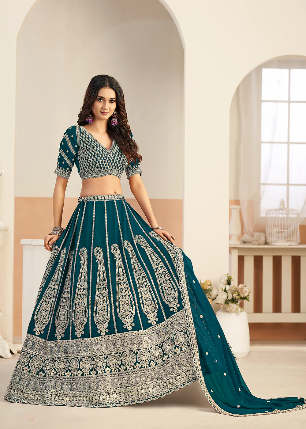 Teal Faux Georgette Embroidery Lehenga Choli - Image 4