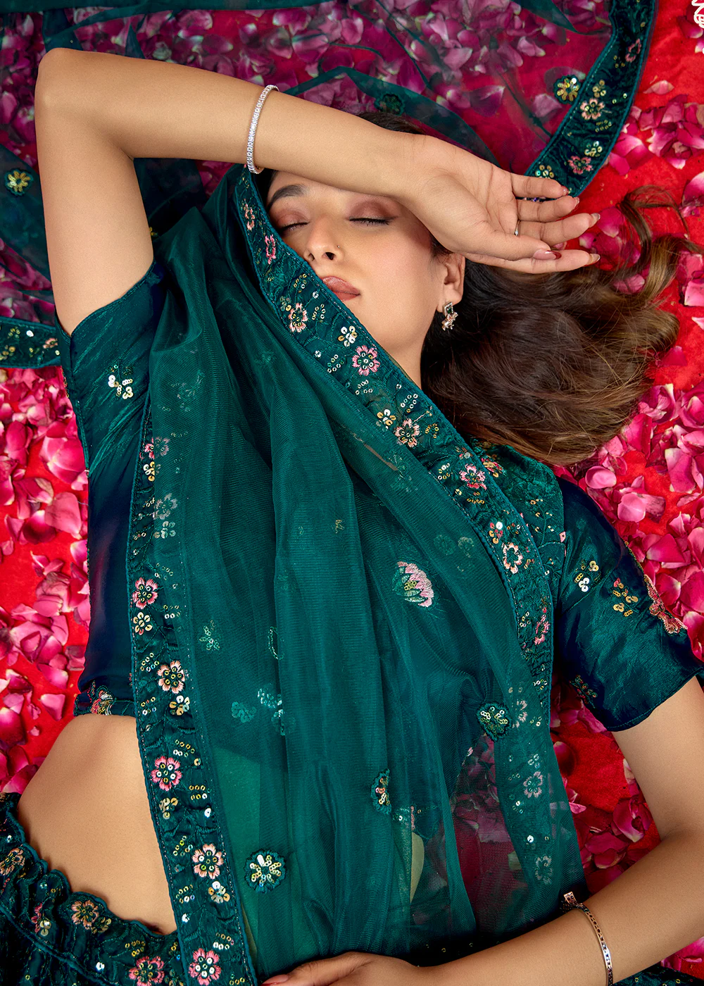 Teal Fendy Silk Embroidered Party Wear Lehenga Choli - Image 4