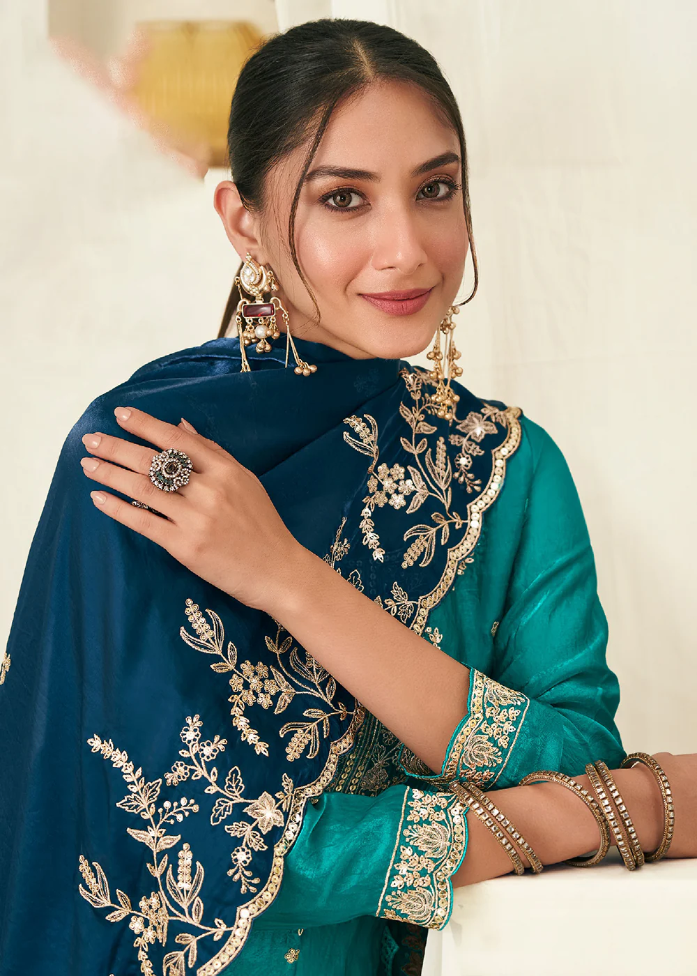 Teal Fendy Silk Zarkan Work Festive Palazzo Suit - Image 2