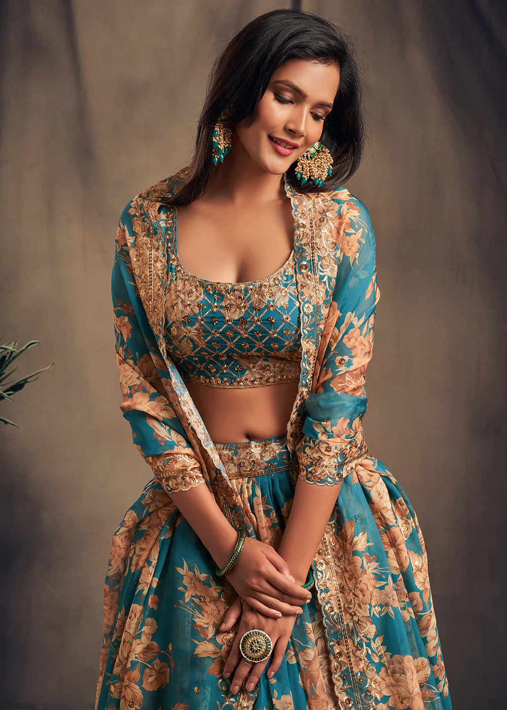 Teal Floral Embroidered Organza Wedding Lehenga Choli - Image 2
