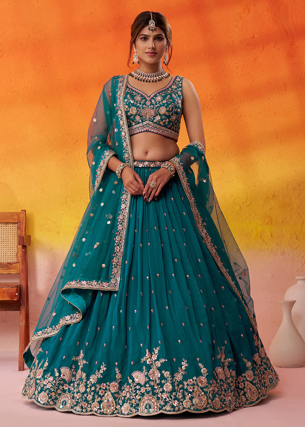 Teal Georgette Embroidered Wedding Lehenga Choli