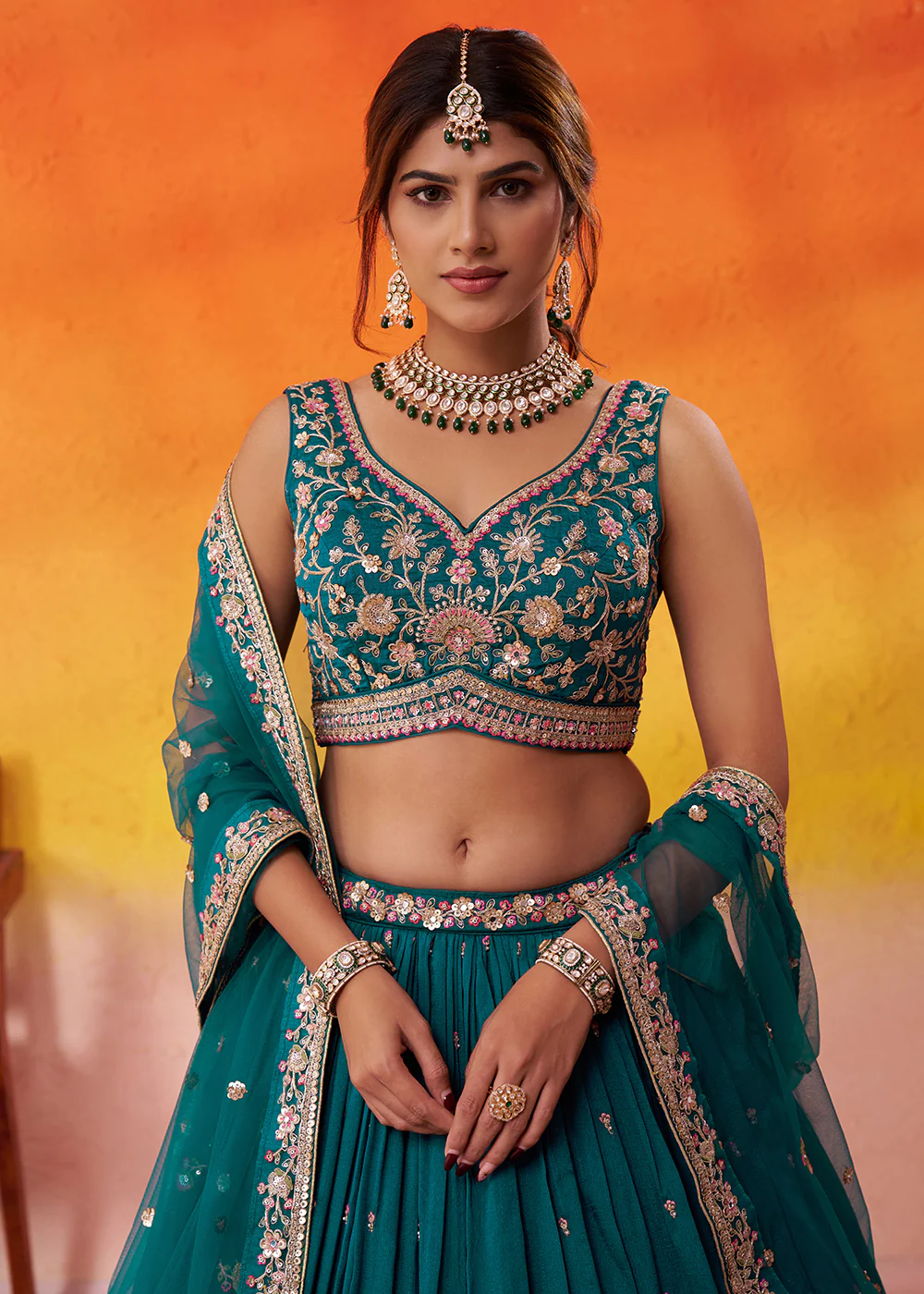 Teal Georgette Embroidered Wedding Lehenga Choli - Image 2