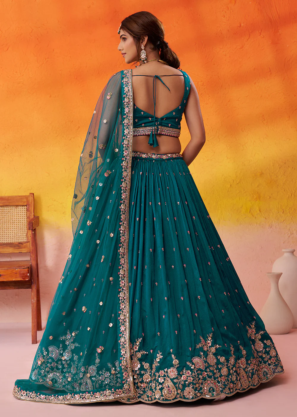 Teal Georgette Embroidered Wedding Lehenga Choli - Image 3