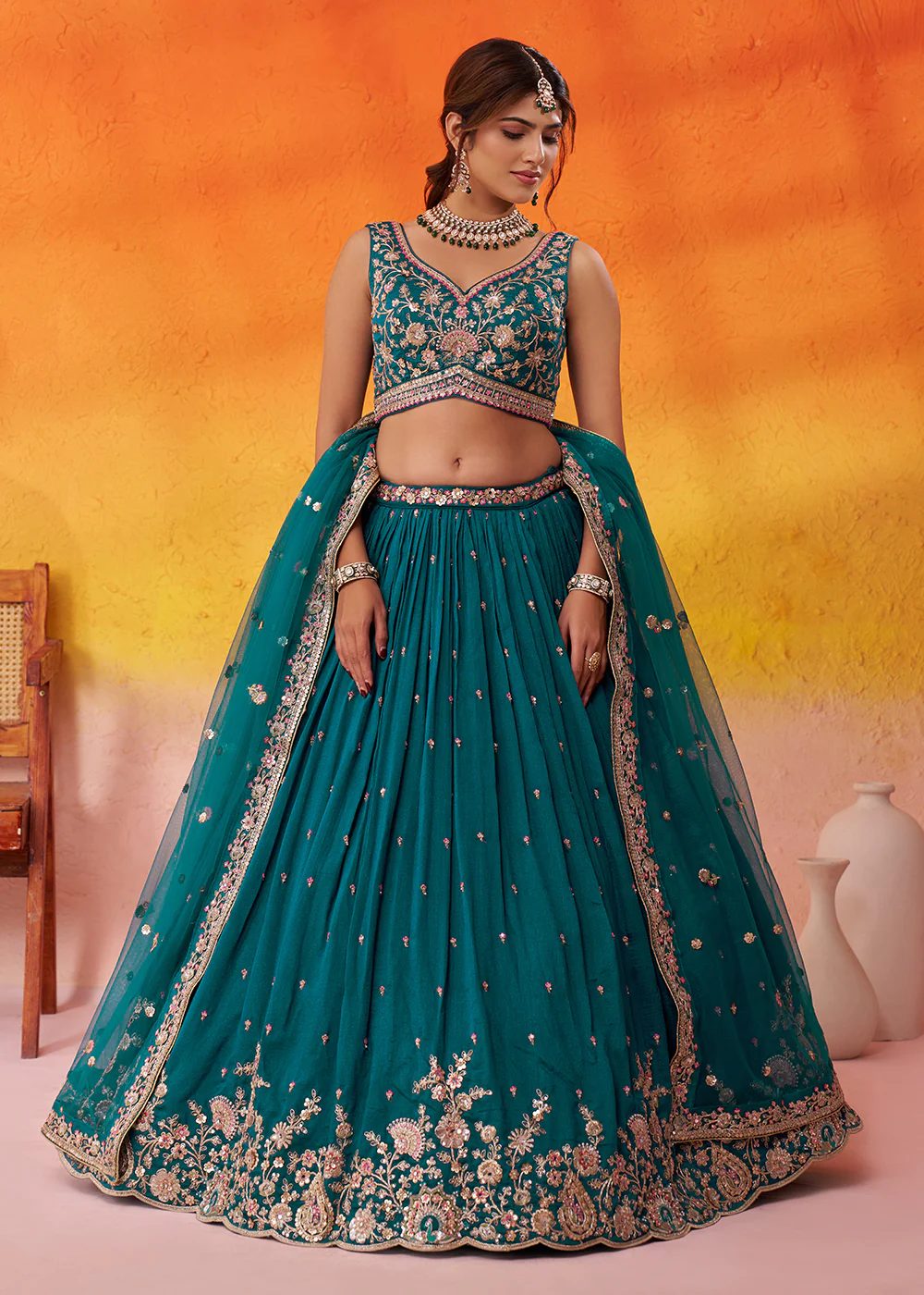 Teal Georgette Embroidered Wedding Lehenga Choli - Image 4