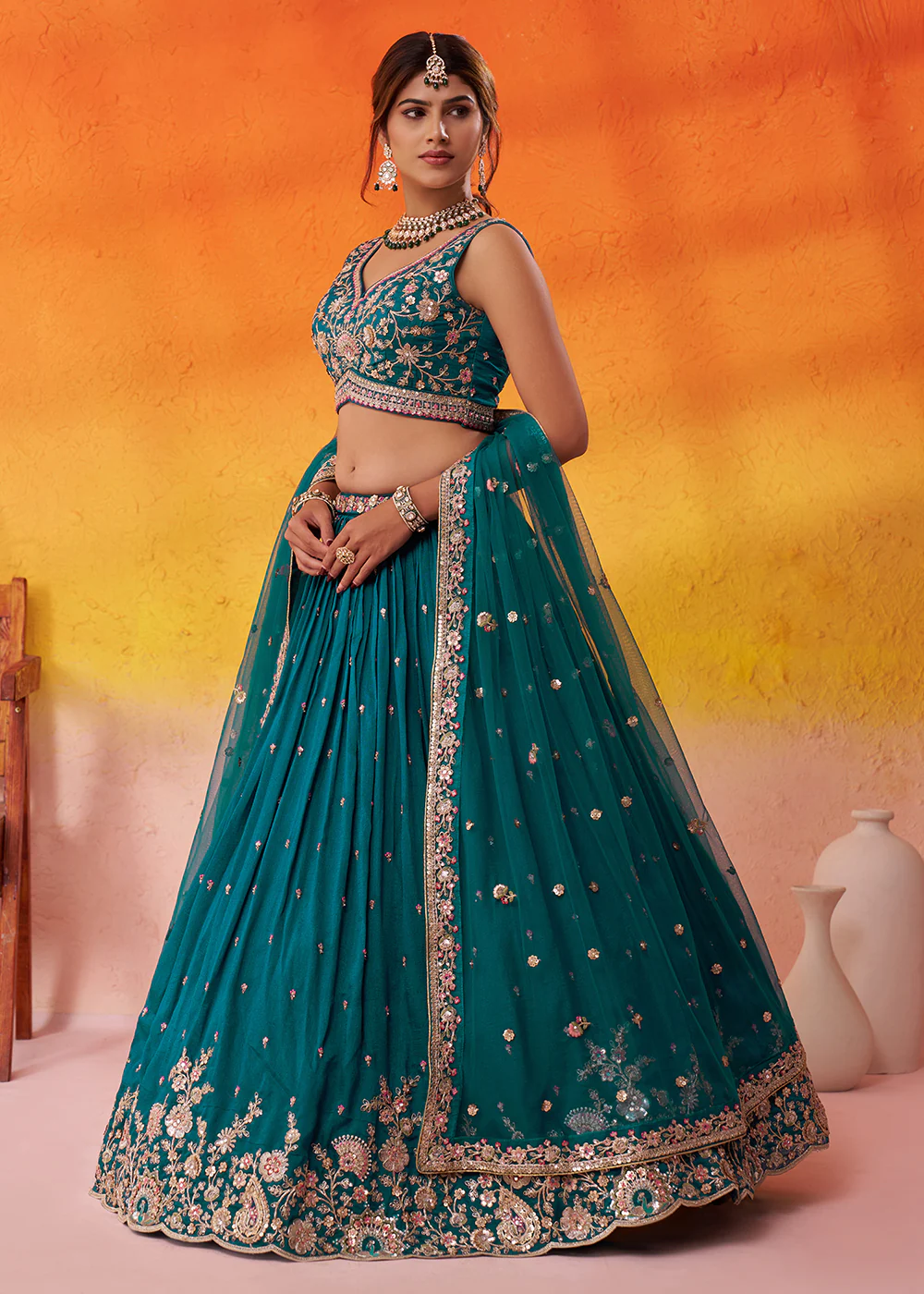 Teal Georgette Embroidered Wedding Lehenga Choli - Image 5