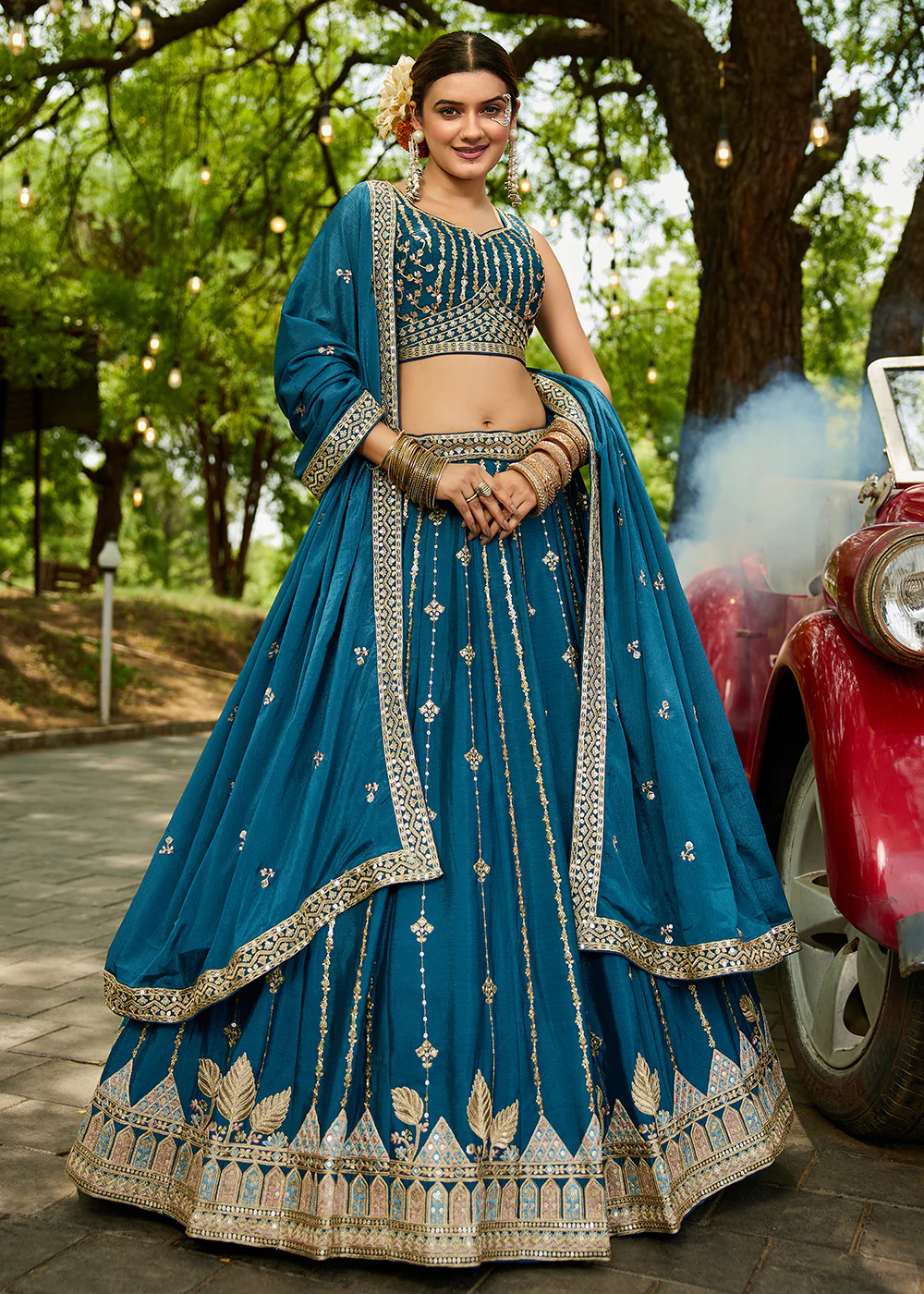 Teal Georgette Sequins Festive Party Lehenga Choli