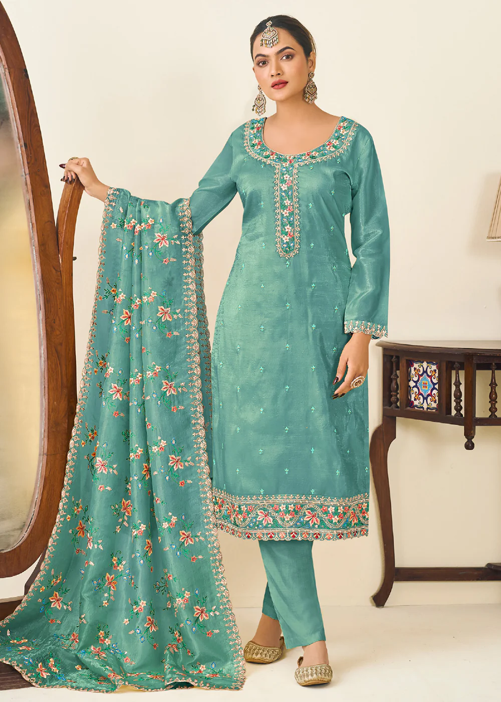 Teal Gold Crushed Silk With Embroidered Pant Salwar Suit