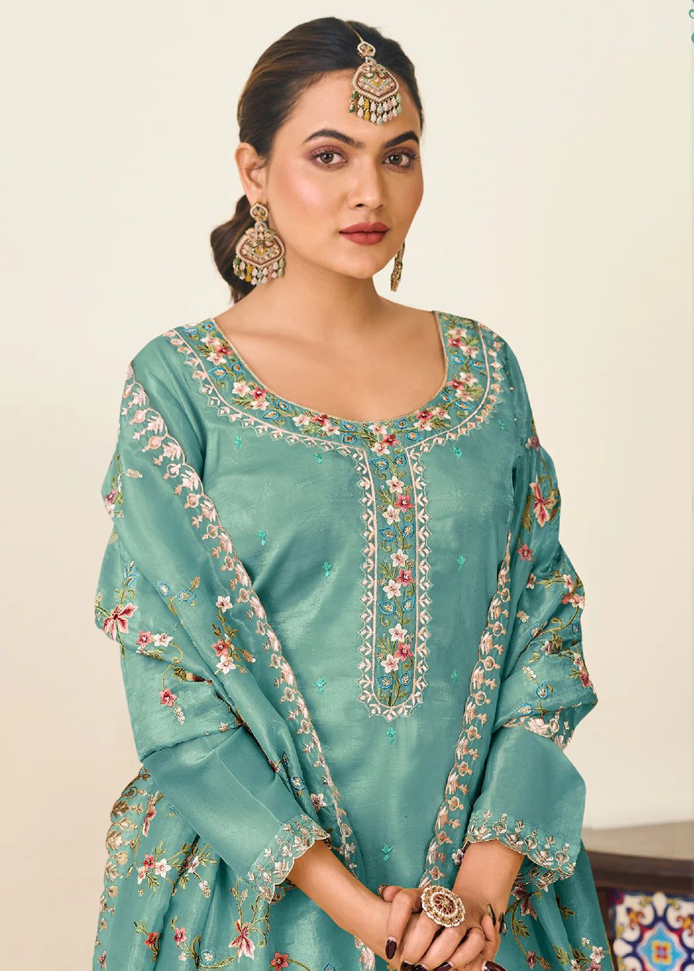 Teal Gold Crushed Silk With Embroidered Pant Salwar Suit - Image 2