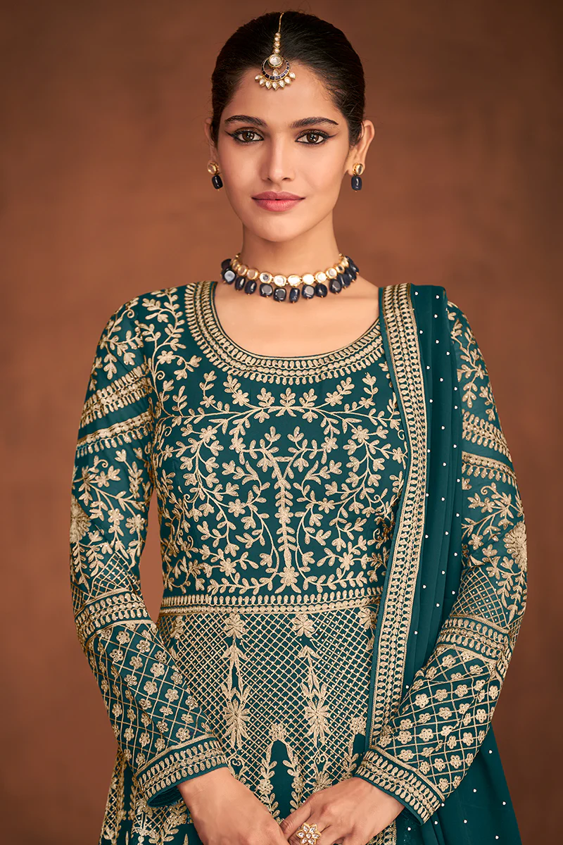 Teal Gown Style All Over Embroidered Anarkali Suit - Image 2