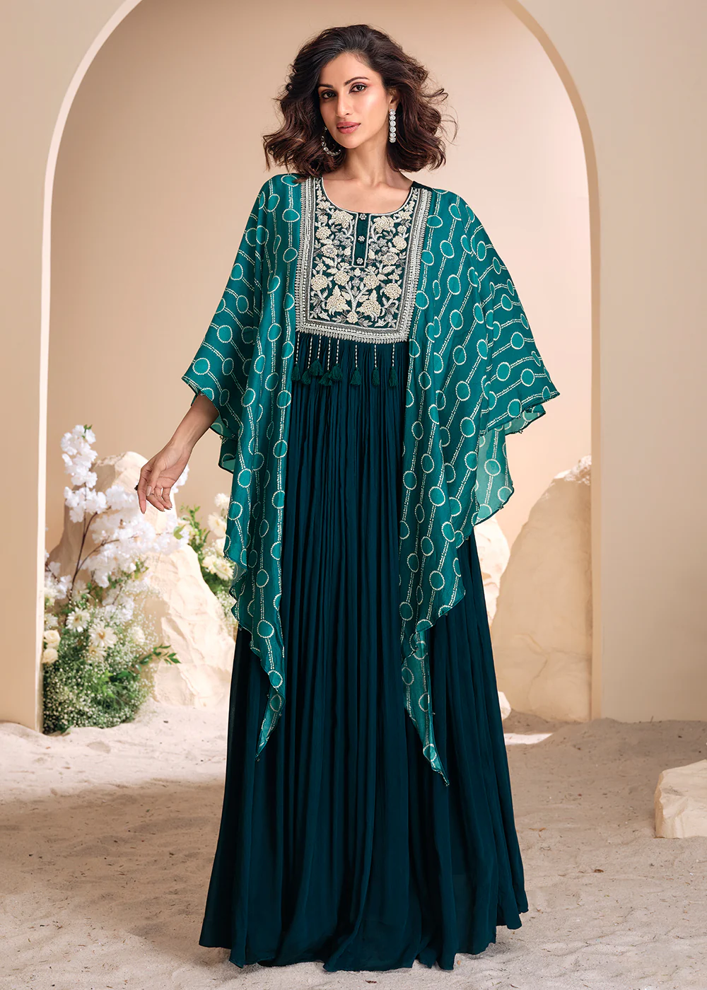 Teal Green Chinnon Silk Kaftan Style Anarkali Gown