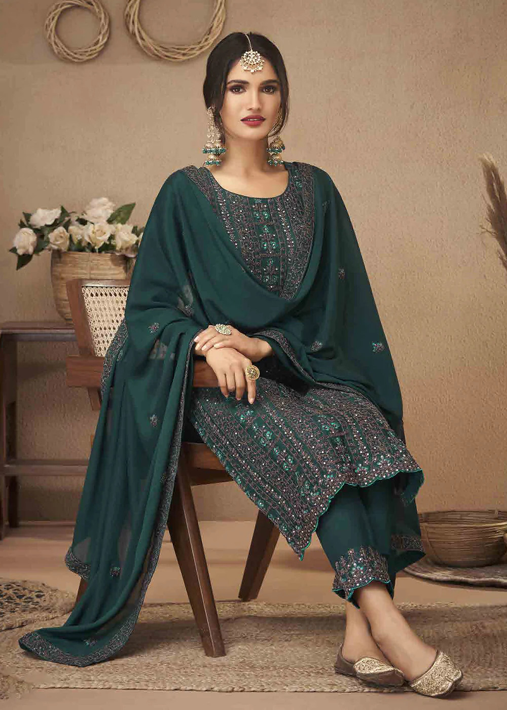 Teal Green Cording & Swarovski Embroidered Trendy Salwar Suit - Image 2
