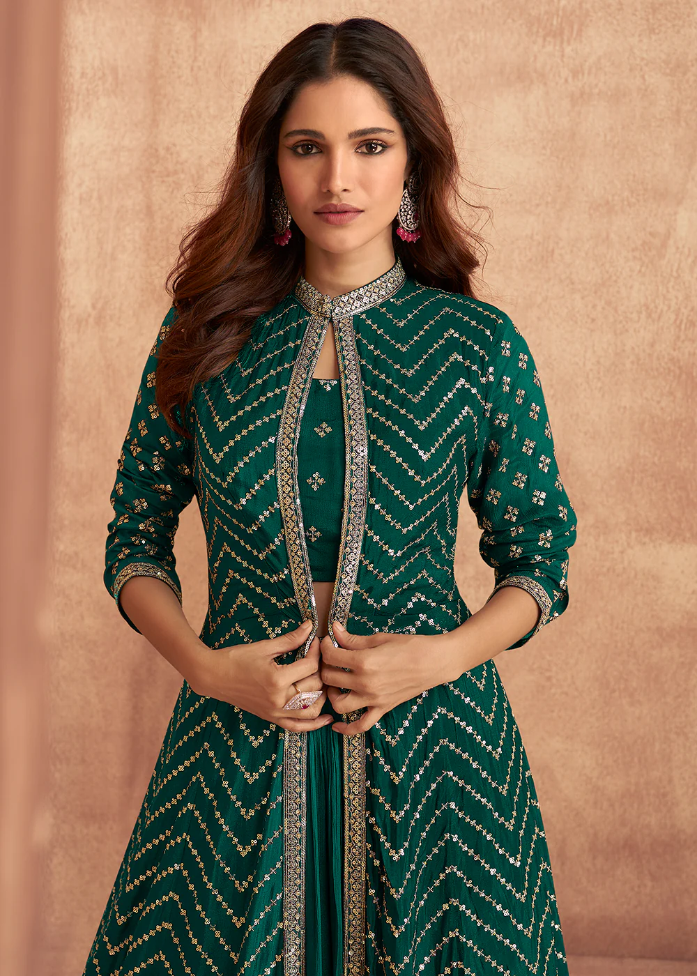 Teal Green Dola Silk Party Wear Lehenga Choli with Jacket - Image 2