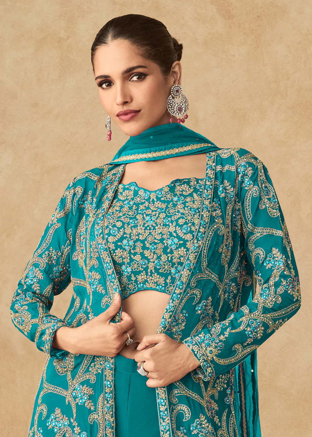 Teal Green Embroidered Jacket Style Palazzo Suit - Image 2