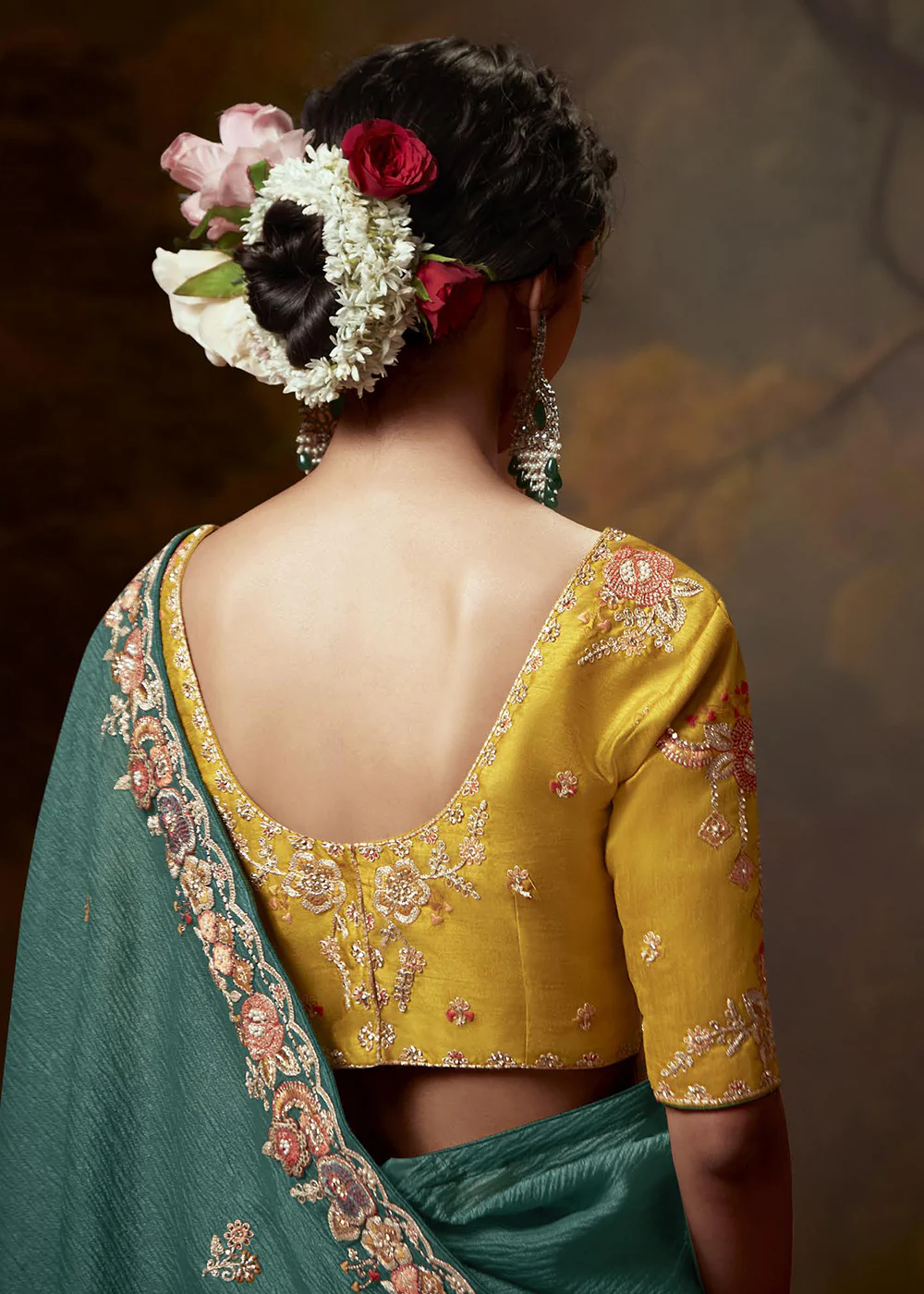 Teal Green Fancy Fabric Embroidered Festive Saree - Image 3