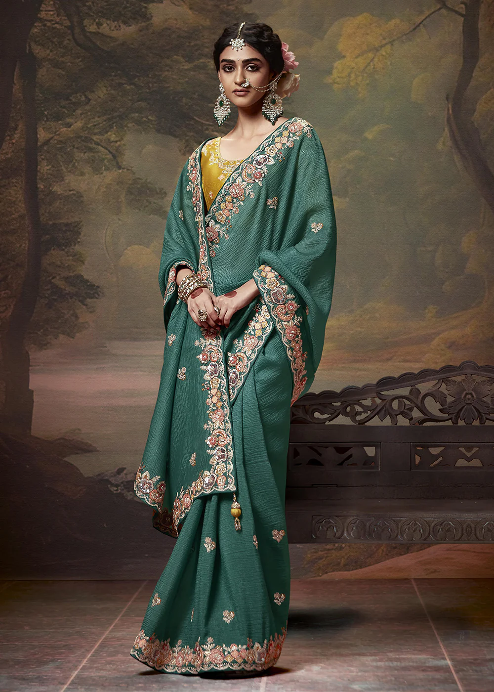 Teal Green Fancy Fabric Embroidered Festive Saree - Image 4
