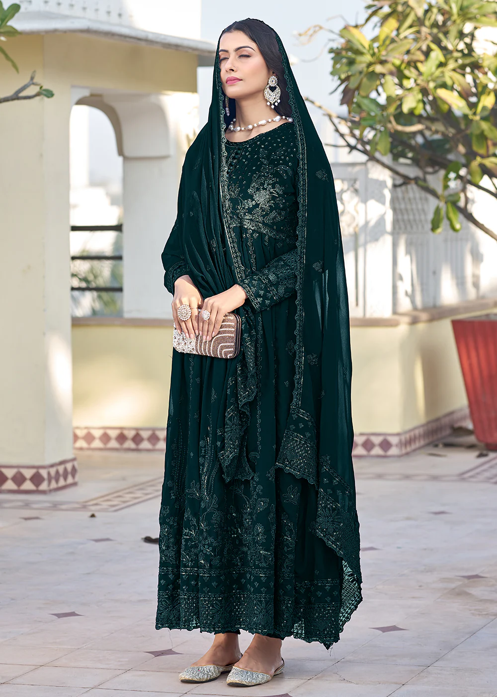 Teal Green Georgette Embroidered Frock Style Salwar Suit - Image 3