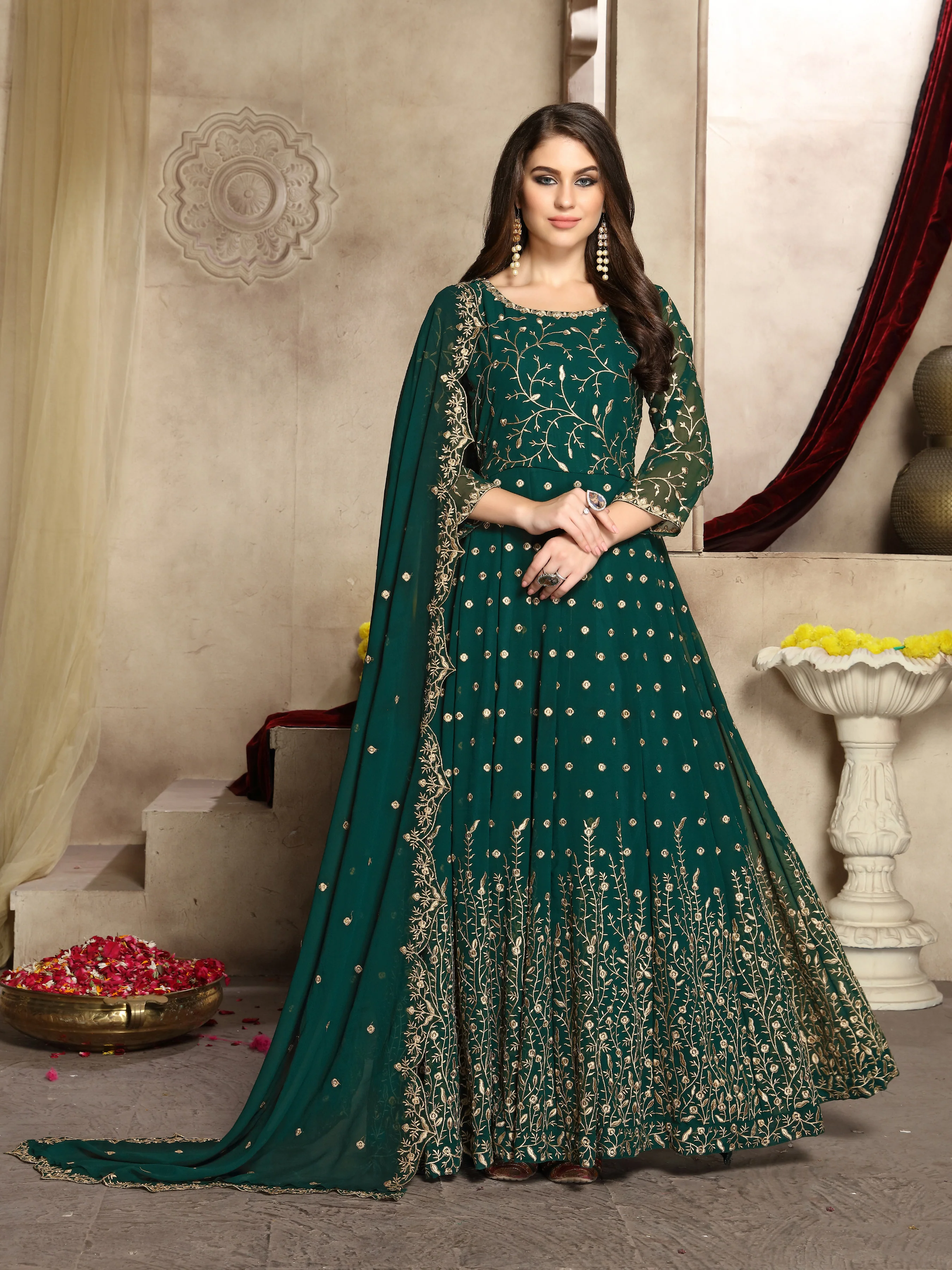 Teal Green Heavy Embroidered Georgette Anarkali Suit