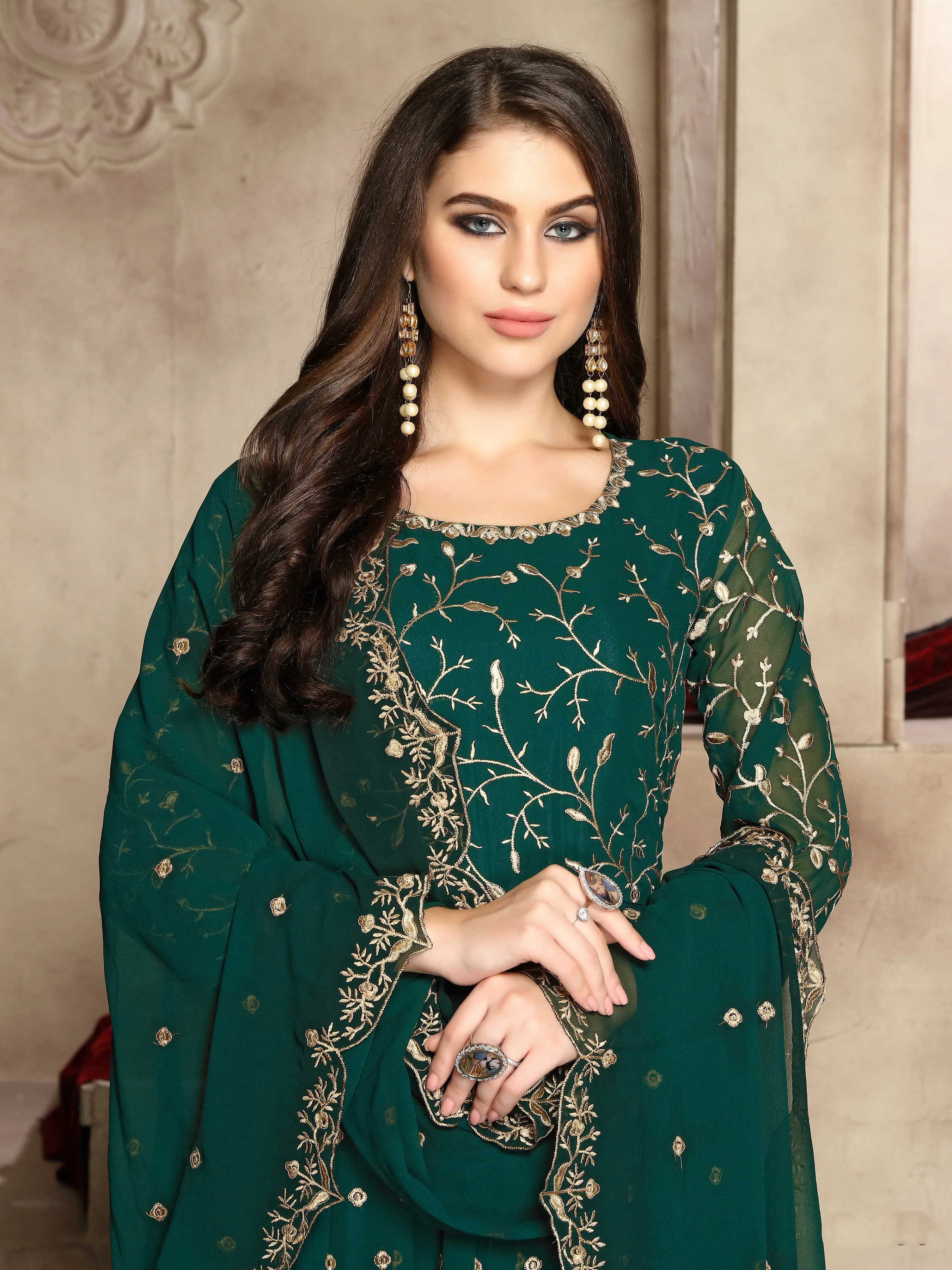 Teal Green Heavy Embroidered Georgette Anarkali Suit - Image 2