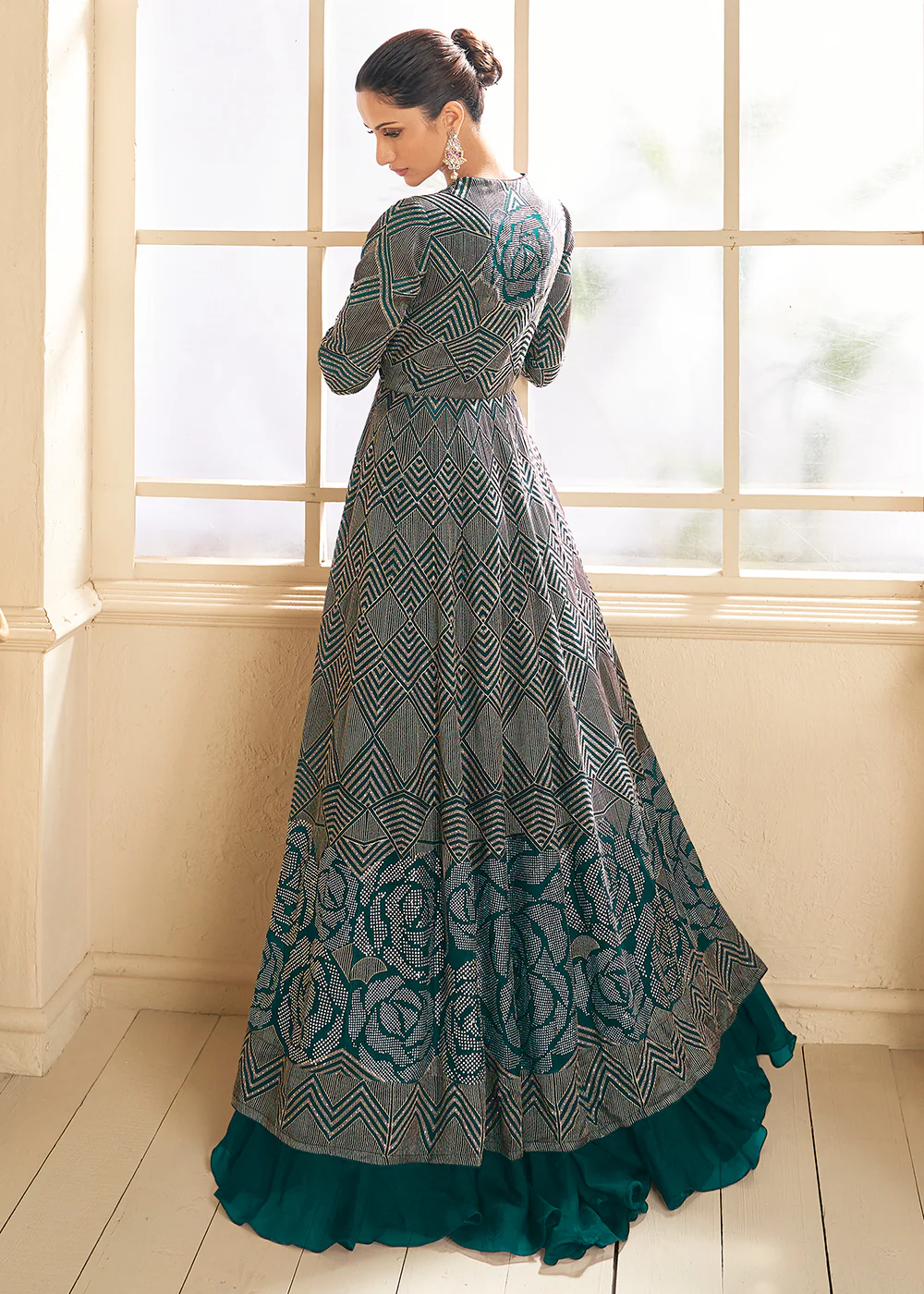Teal Green Jacket Style Wedding Party Lehenga Skirt Suit - Image 3