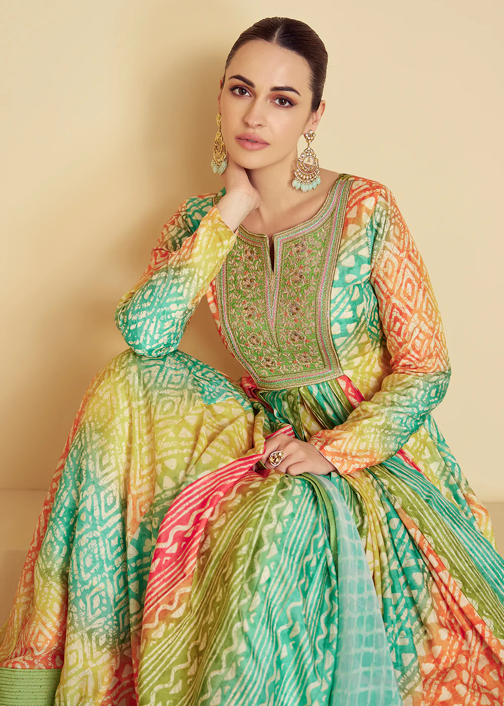 Teal & Green Maslin Digital Printed Festive Anarkali Gown - Image 2