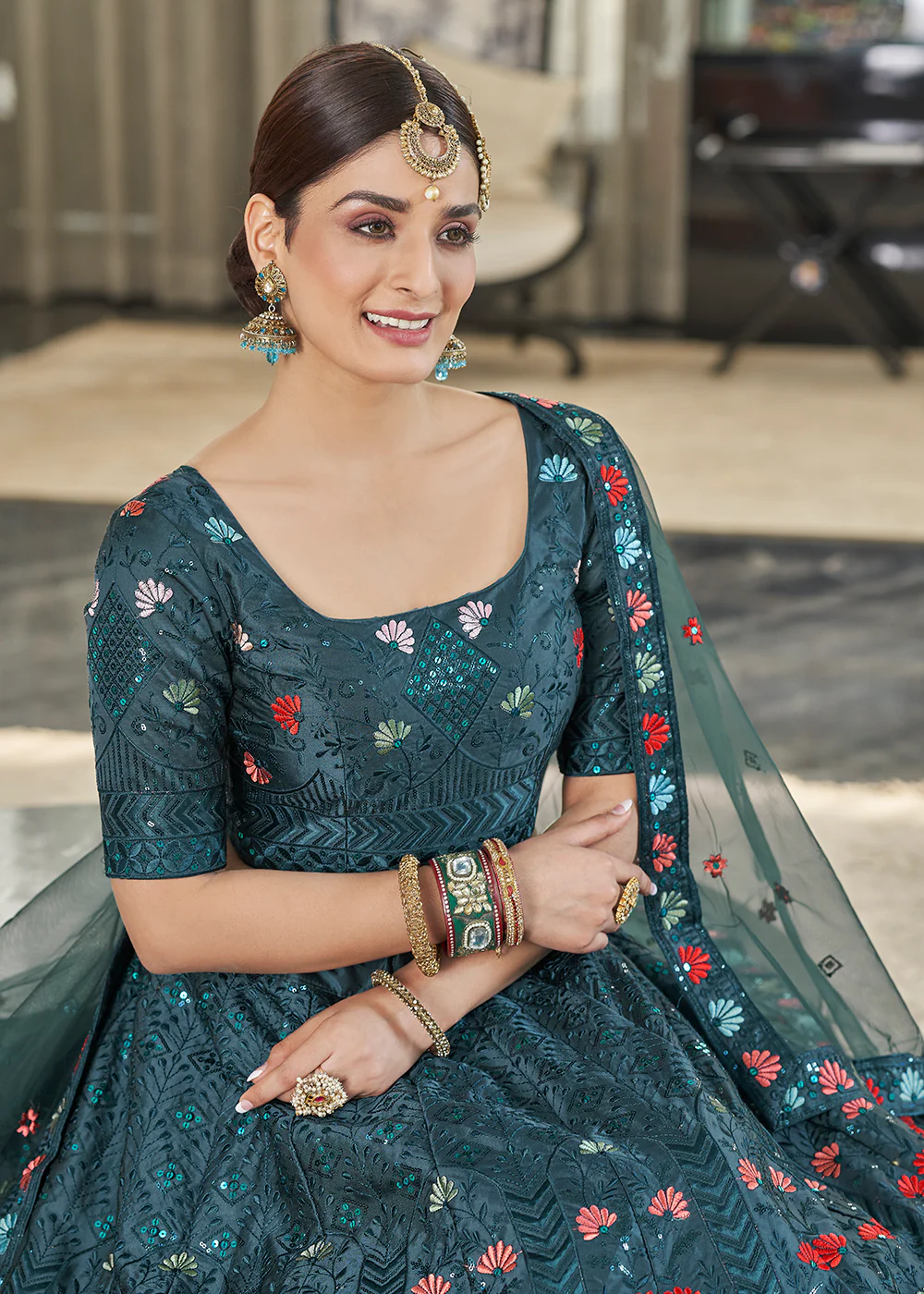 Teal Green Multi Sequins & Thread Wedding A Line Lehenga - Image 2