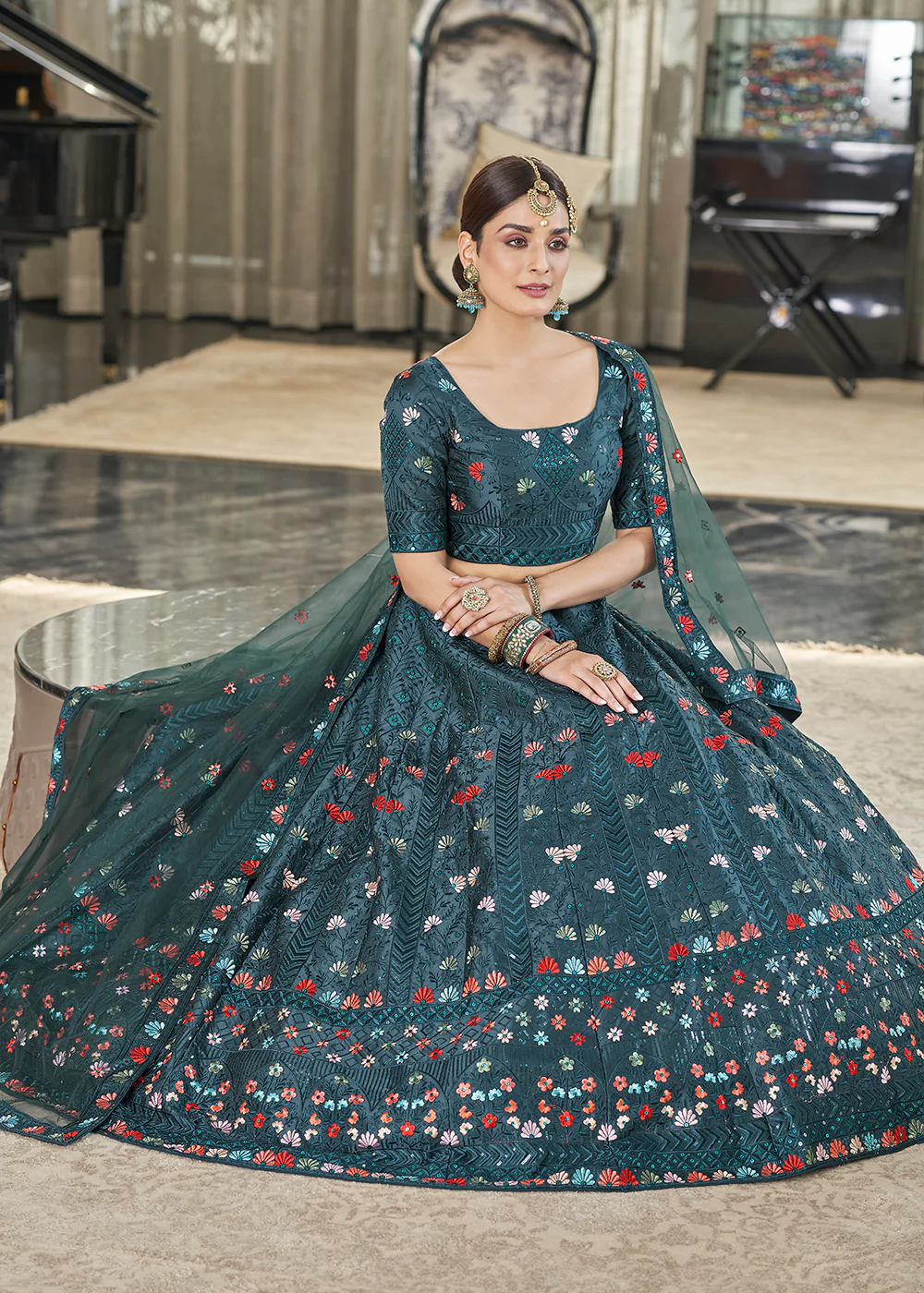Teal Green Multi Sequins & Thread Wedding A Line Lehenga - Image 3