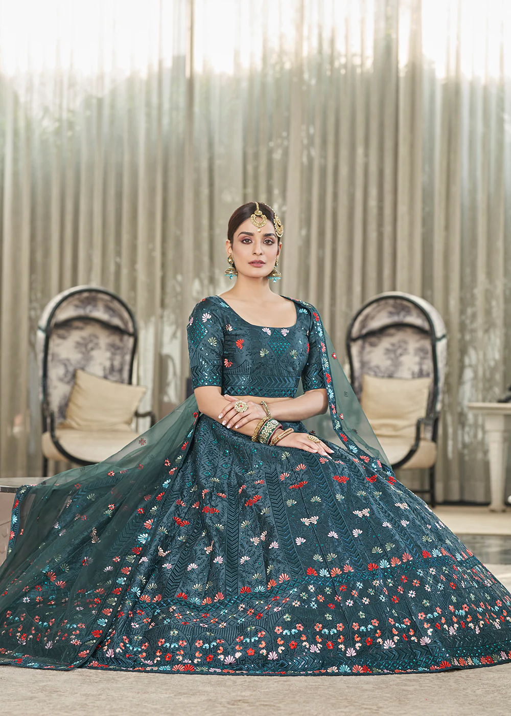 Teal Green Multi Sequins & Thread Wedding A Line Lehenga - Image 4