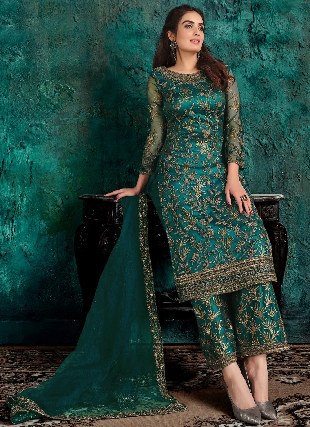 Teal Green Net Designer Fancy Pakistani Style Suit - Image 3