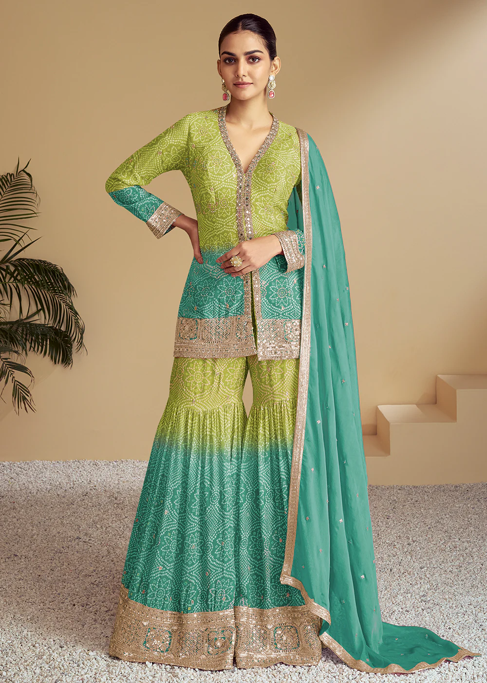 Teal & Green Ombre Kurti Style Gharara Style Suit